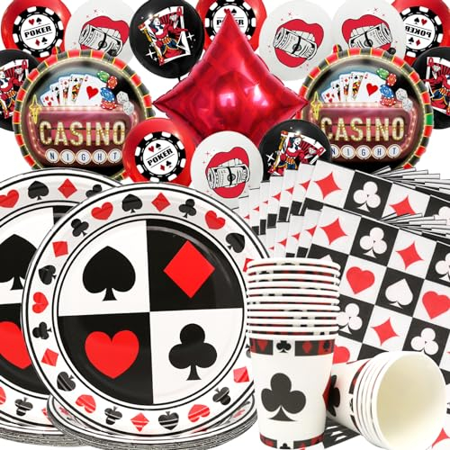 Doyomtoy Casino Partygeschirr Sets,67 Stück Las Vegas Geburtstag Party Dekorationen Geburtstagsparty Pappteller,Seidenpapier,Pappbecher, Casino Luftballons Las Vegas Partyzubehör für 16 Gäste