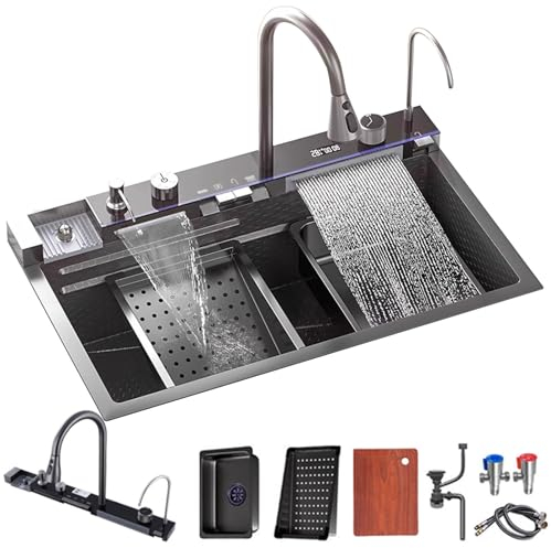 FIVIXIL Fregadero de cocina fregadero Whale de doble cascada con pantalla LED con lavavasos, dispensador de jabón, mezclador de cascada, mandos de encimera, etc (68 * 46 * 22cm, Gris Pistola)