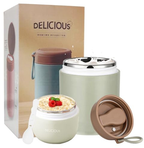 Chedin Vaso de cereales para llevar con tapa, de acero inoxidable, 730 ml, a prueba de fugas, vaso de yogur para llevar con cuchara y tapa, tarros de doble capa a prueba de fugas, perfectos para el