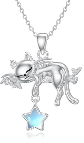 enjoylifecreative Katze Halskette für Damen 925 Sterling Silber Katzen Mondstein Anhänger Kette Schmuck Geschenk für Frauen Mädchen Katzenliebhaber