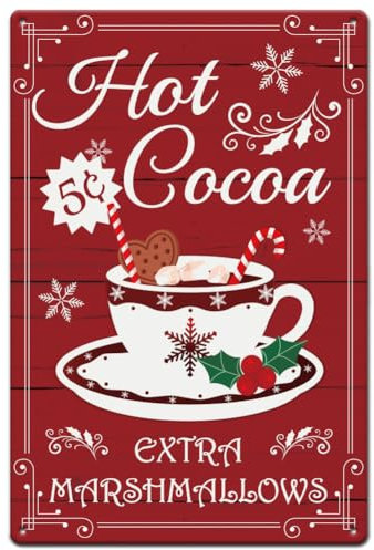 SUPERDANT Métal Tin Signs Panneaux Métalliques en Étain Hot Cocoa Panneau Métallique de Joyeux Noël Flocons de Neige Métal Tin Signs Rétro Affiche en Métal pour Fête de Noël Décorations