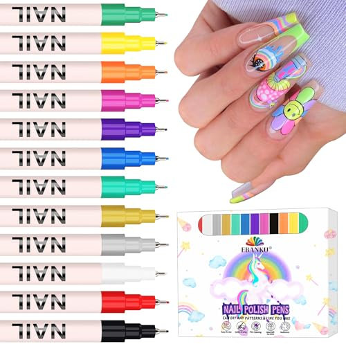 EBANKU Set de 12 Stylos à Ongles 3D 0.5MM Graffiti Marqueurs de Peinture Acrylique à Séchage Rapide pour Dotting Liner