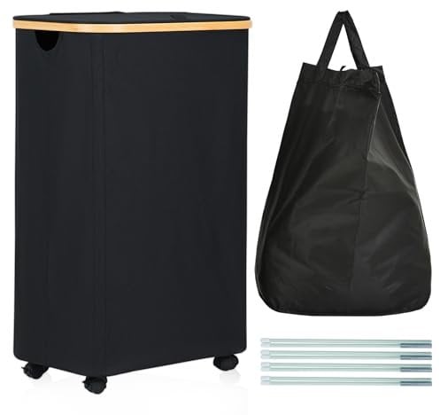 ROSOS Wäschekorb mit Rollen, 105L Wäschekorb mit Deckel mit Herausnehmbaren Wäschesack, Wäschesammler mit Rollen und Bambusgriff, Wasserdichter Faltbarer Wäschekorb mit Deckel, Schwarz