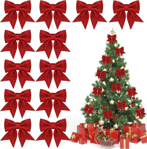 Mrracxy 12 Stück Schleifen Deko Schleife Glitzer Leuchtend Weihnachtsbaum Band Schleifen Weihnachtskranz Bogen Christbaumanhänger Weihnachtsbaumschmuck für Weihnachten Urlaub Hochzeit Deko