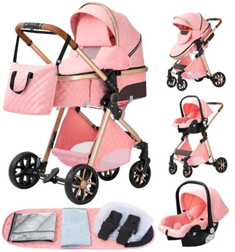 GLOKID Passeggino 3 in 1,Passeggino Canne,Trio,Portatile,Con Seggiolino Accessori,Adattatori universali,4 ruote con ammortizzatori,navicella,grandi ruote (LV9 Rosa)