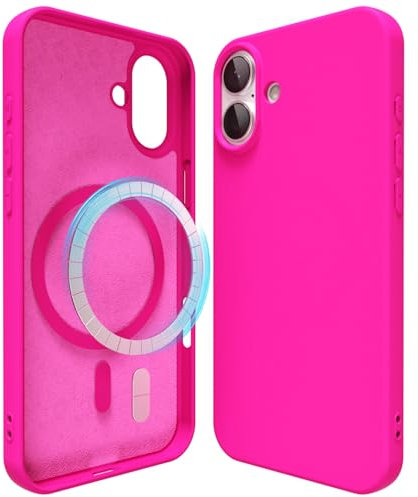 oakxco für iPhone 16 Hülle Magsafe Silikon Handyhülle Bunt, Ultra Dünn Slim Case Einfarbig Handy Hülle Mädchen, Magnetisch Induktives Laden Schutzhülle Matt Silikonhülle Glatt TPU Gummi, Neon Pink