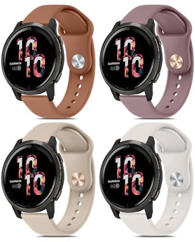 Vancle 4 Pieces Bracelet Compatible avec Garmin Venu 3/Venu 2/Forerunner 255/Forerunner 265/Vivoactive 4 Homme Femme, 22mm Silicone Sport Bracelet (Thé au lait/Fumée Violet/Jaune Marron/Starlight)