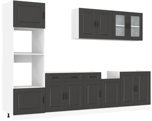vidaXL 7-TLG. Küchenschrank-Set Kalmar Schwarz Holzwerkstoff, Küchenzeile Einbauküche, Schrank-Set, Unterschrank, Küchenschrank, Hängeschrank