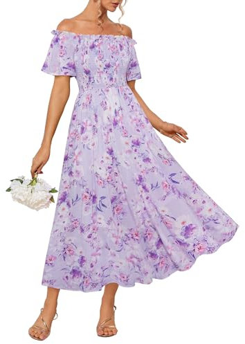 Damen Kleider A-Linien Blumen Maxikleid mit Tasche Sommerkleider Damen Leicht und Luftig Lila-Lila Blume S