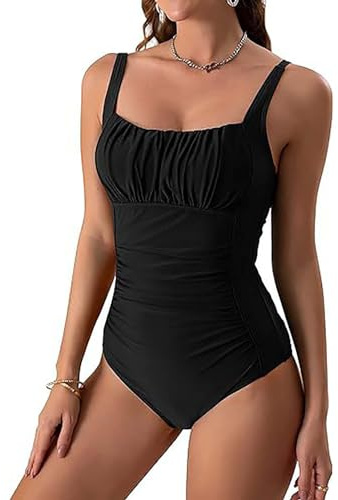 Swimming Costume Women Ruched One Piece Swimsuits with Bra Support Bikini Tummy Control Swimwear Square Neck Swimming Costumes Bathing Suit Monokinis Ladies Push up Padded Swimsuit Modest Swimwear