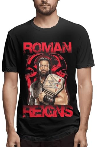 Roman Reigns Erwachsene Herren Kurzarmhemd Mode Shirts Baumwolle Rundhalsausschnitt T-Shirt Tops Kleidung für Männer T-Shirts, Schwarz , XL