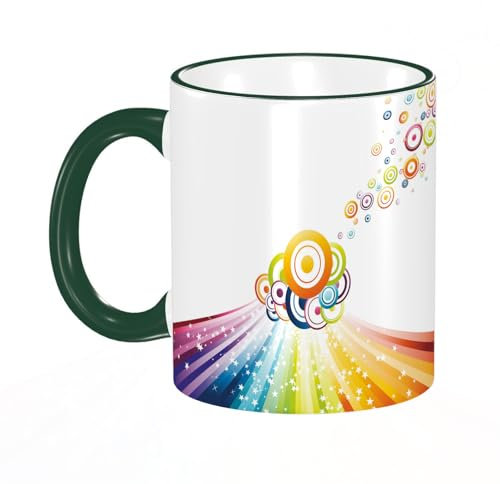 HWFOI Funny Coffee Mug Gift - Perfect Birthday or Christmas Present | Novelty Tea & Coffee Cup | Vintage Rainbow, Colorful Stripes Wave and Bullseye Circles Pattern with Stars Illust | Dark Green