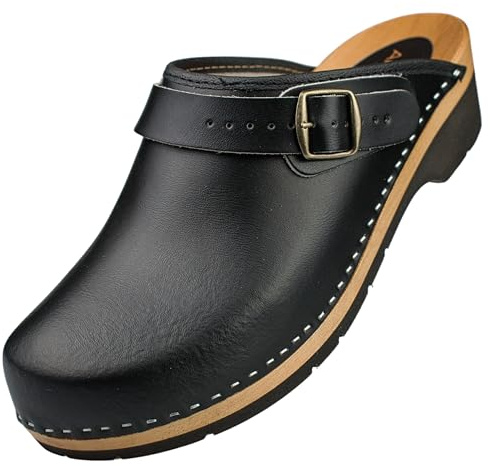 APREGGIO Herren Holz Clogs Holzschuhe aus Leder Praktische Gartenclogs | Rutschfeste PU Gummisohle, verstellbarer Riemen, atmungsaktiv, orthopädisch, Gartenclogs