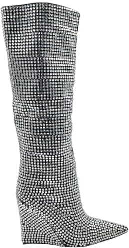 Stivale Donna A Punta Alto al Ginocchio in Pelle Nera con Applicazioni Strass Tacco Zeppa 10 CM Zip Morbido (39 EU)