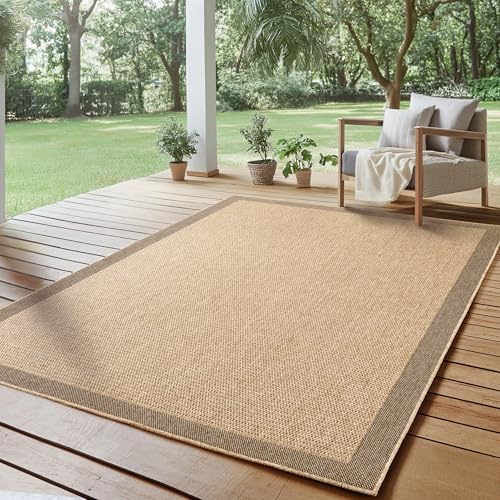 SIMPEX Outdoor Teppich 280x370 cm XXL Wetterfest Pflegeleicht Jute Natur Optik Bordüre Design für Wohnzimmer Esszimmer Schlafzimmer Terrasse Balkon