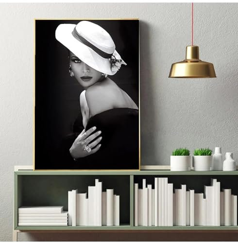 Peinture sur toile avec chapeau de femme élégant, affiches et impressions vintage, noir et blanc, décoration murale pour salon, 40 x 60 cm, sans cadre