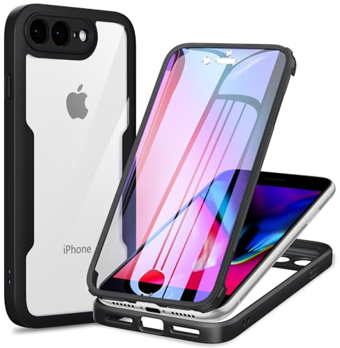 Phoona Cover per iPhone 8 Plus/iPhone 7 Plus con Pellicola Protettiva Trasparente, Antiurto Silicone Custodia 360 Gradi Full Body Protezione, AntiGraffio Robusta Cover per iPhone 8 Plus, Nero