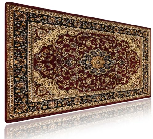 Vintage Oriental Persian Floral Large Mouse Pad, Red Black Beige Desk Mat | Keyboard Mat Stitched, 31.5 x 11.8, Classic Victorian Flowers Pattern, Traditional Antique Style Rug Print, Luxury Decor