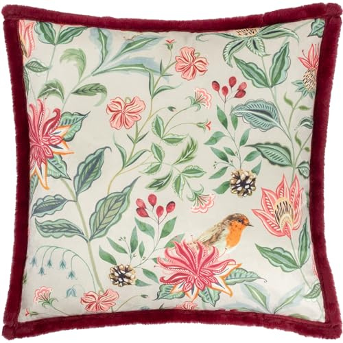 Wylder Beatrice Feather Filled Cushion – Festive Velvet Floral Robin Pillow with Faux Fur Trim (Multicolour - 50x50cm)