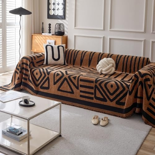 PEIHUODAN Weiche Sofaüberwurf, Ethnischer Boho-Stil Chenille Couch Überwurf, Vielseitige Dekorative Sofaüberwurf, Sofa Cover Für Familie Haustiere Kinder (Dark Brown,180x420cm)