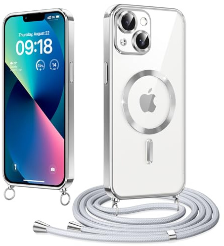 Micnkifo Funda Magnético para iPhone 13 Cordón Colgante Collar Ajustable, Compatible con MagSafe, Antigolpes Anti-Arañazos Collar Correa Cordón Carcasa para iPhone 13, Plata