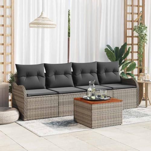 Teenpull Garten-Sofa-Set 5-teilig, Grau Poly Rattan, Modular Outdoor Möbel mit Stauraum, Couchgarnitur für Terrasse, Balkon, Veranda