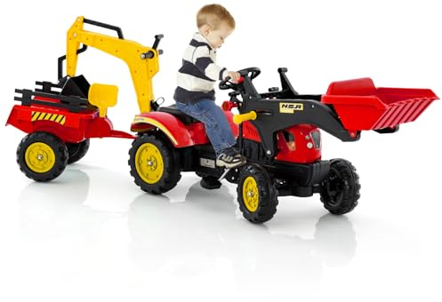 COSTWAY 3 en 1 Tractopelle Enfant avec Pelle & Remorque Amovible(Rouge)