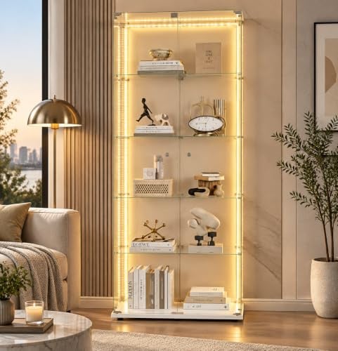 Glasvitrine Standvitrine mit LED, Glasvitrine Stehend mit 5 Lagen Glas, Schrank für Sammlung mit abschliessbar Vitrinenschrank 2 TüR & Schloss Vitrine Glasschrank für Wohnzimmer Büro Sammlerstücke