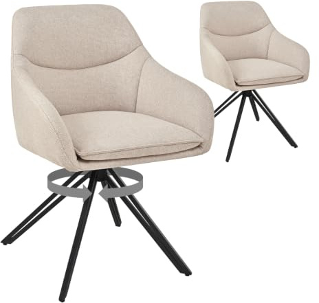 Bon Furni Esszimmerstühle Drehbar Beige 2er Set mit Armlehne - 360° Polsterstuhl Leinen Moderner Drehstuhl & Küchenstuhl mit Metallbeinen für Esszimmer, Wohnzimmer, Büro