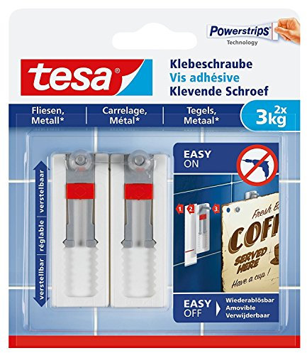 tesa® Verstellbare Klebeschraube für Fliesen und Metall, spurlos wiederablösbar, Haltekraft bis zu 3kg (4er Pack = 8 Schrauben)