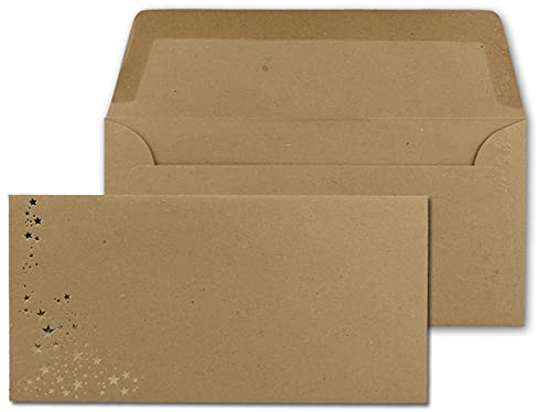25x Kraftpapier Briefumschläge mit Metallic Sternen - DIN Lang - Gold geprägter Sternenregen - Farbe: Braun - Nassklebung - 120 g/m² - 110 x 220 mm - ideal für Weihnachten