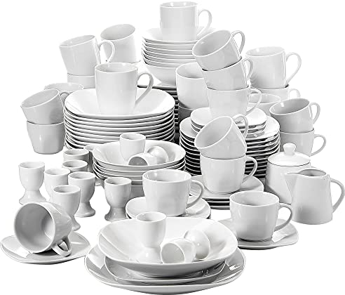 MALACASA Série ELISA 100PCS Service de Table Porcelaine pour 12 Personnes avec Assiette Plate, Assiette Creuse, Assiette à Dessert, Bol à Céréale, Coquetier, Tasse et Soucoupe, Sucrier et Pot à Lait