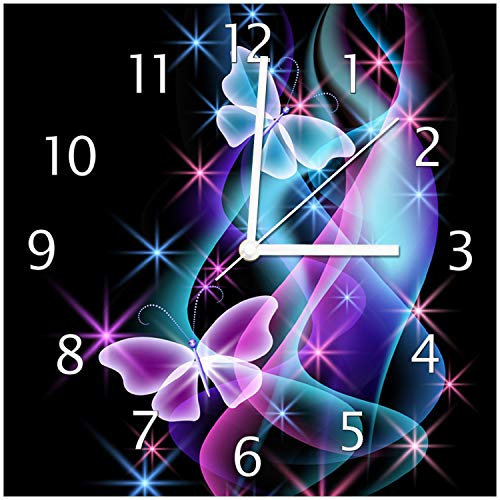 Wallario Design-Wanduhr Schmetterlinge in bunten, strahlenden Farben aus Glas, Motiv-Uhr Größe 30 x 30 cm, weiße Zeiger