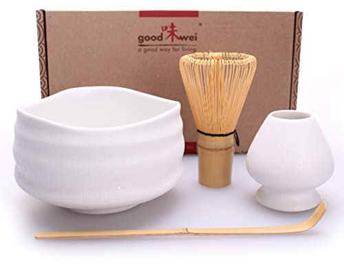 Goodwei Matcha Kit | Bol Matcha Artisanal Chawan, Cuillère e Fouet à Matcha avec Support de Fouet en Céramique au design assorti | Service à Thé Japonais (Miyuki, 80)