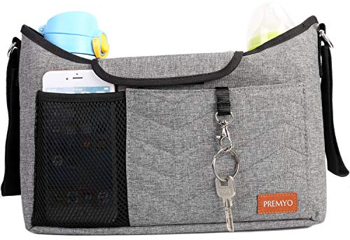 PREMYO Kinderwagen Organizer mit Getränkehalter - Universal Kinderwagentasche mit Wickelunterlage Schultergurt Grau
