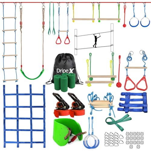 Dripex Ninja Slackline Kit de 1 x 20 m/65 Pies, Ninja Warrior para Niños Carrera de obstáculos, Entrenamiento de Slackline con Accesorios Completos para niños