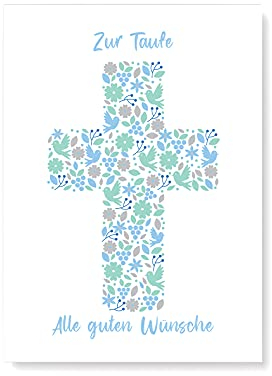 Friendly Fox Karte zur Taufe Kreuz, 1x Taufkarte mit Umschlag, zur Taufe Junge Blumen Kreuz, DIN A6 Klappkarte