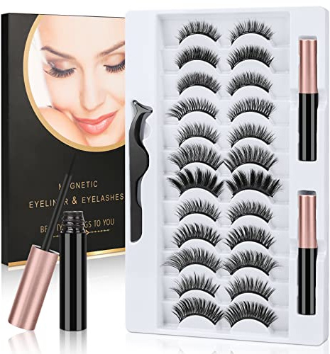 URAQT Magnetische Wimpern, 12 Paare 3D Dicke Lange Falsche Eyelashes | Eyeliner, Natürlich Magnet Set mit Zange, Wasserdicht und Wiederverwendbar