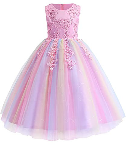 IWEMKE Enfants Filles Robe Mariage Tulle Dentelle Robe Princesse Longue Fleur Brodée Soirée Demoiselle d'honneur Robe Tutu sans Manches Pageant Baptême Fête Anniversaire Carnaval Rose Coloré 7-8 Ans