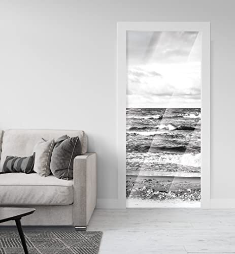 MyMaxxi - Tür bekleben mit Türtapete Türposter Selbstklebend 90x200 Stürmische See - Türfolie mit Premium Glanzeffekt - Türaufkleber metallic Silberfolie - Türklebefolie Meer Ozean schwarz weiß