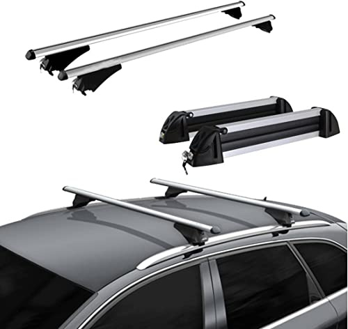Dachträger aus Aluminium + Skihalter 4 Paar oder 2 Snowboarden für VOLKSWAGEN GOLF VII ALLTRACK (5G) ab 2015 mit integriertem Railing