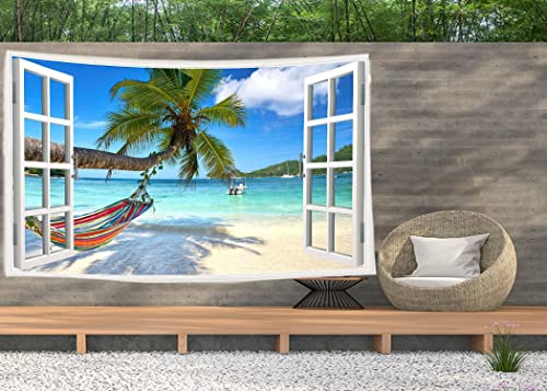Ulticool – Ansicht Strand Meer Palmen Hängematte - Wandteppich Poster - 200x150 cm - Gartenposter - Wandteppich groß – Dekoration Zubehörteil für Garten und Wohnzimmer