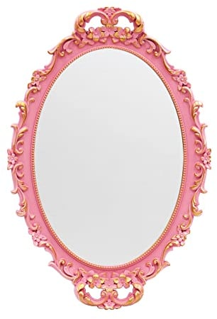 Tstarer Miroir décoratif vintage avec cadre rose, miroirs muraux et plateau de table pour chambre à coucher, salon, commode, ovale, 24,4 x 36,3 cm (l x L) (rose)