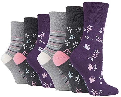 Gentle Grip - 6er Pack Damen Baumwolle Ohne Gummibund Socken | Socken mit Bunt Elegant Motiv (37/38, SOLRH214)