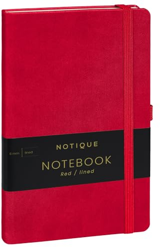 NOTIQUE Notizbuch Liniert, Hardcover Notizbuch, Notizheft, Journal, Tagebuch mit Gummiband und Stifthalter 13x21cm, 192 Seiten (Rot, Liniert)