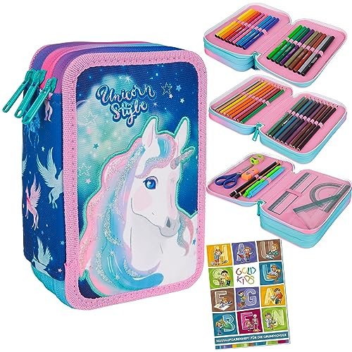 Goldkids Federtasche 3-fache Federmappe Colorino Unicorn Einhorn Federmäppchen 46-teilig gefüllte Schüleretui Stifte und Pinsel inkl. Aufgabenheft Federbox Etui Stiftetasche Schlamper-Etui Schul-Etui