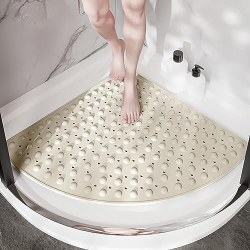 Tapis de Douche d'angle 80x80cm,Tapis de Douche Antidérapant Triangulaire,Tapis Antidérapant Douche Toucher Doux,Tapis Douche Antidérapant pour Baignoire et Salle de Douche (Beige)