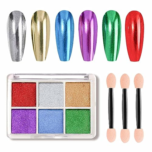 GZMAYUEN Nail Chrome Powder Nagel Pulver Mirror, 6 Farbe Silbrig Golden Blau Lila Grün Rot Nail Art Mirror Chrome Pigmentpulver