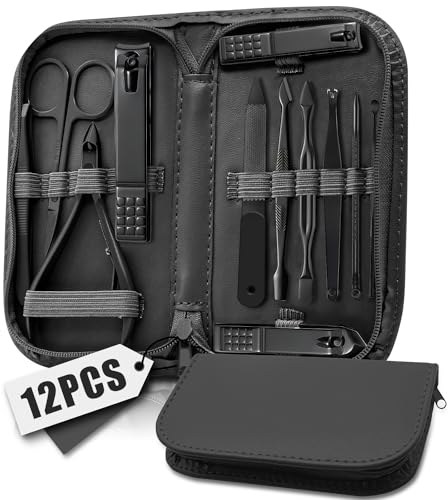 12 Piezas Set de Manicura para Mujeres Hombres, Herramientas y Accesorios de Manicura y Pedicura, Kit Profesional de Manicura, Kit de Limpieza de Uñas con Bolsa de Viaje de Cuero Negro