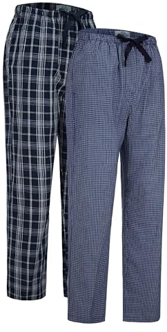 GLOBAL Herren Pyjamahose aus Baumwolle Schlafanzughose 2er-Pack Karierte Hosen Gewebte Elastische Schlafhose mit Kordelzug,Blau,Kariert,L
